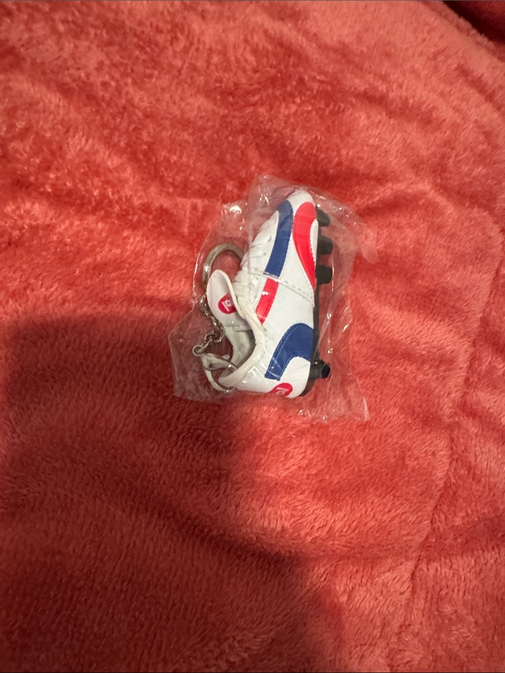 Mini Soccer Cleat Keychain in White, Red & Blue